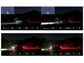 Images show vehicle with lidar-based PAEB stopping before adult target @ 50% overlap (above) and vehicle with camera and radar-based PAEB crashing into adult target (below).