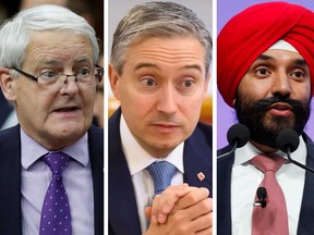 Marc Garneau, left, becomes foreign affairs minister, Francois-Philippe Champagne, centre, becomes industry minister after Navdeep Bains, right, announced he was stepping down and not seeking re-election.