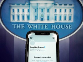 A photo illustration shows the suspended Twitter account of U.S. President Donald Trump on a smartphone at the White House briefing room.