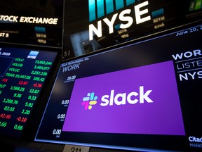 A monitor displays Slack Technologies Inc. signage during the company's initial public offering on June 20, 2019.