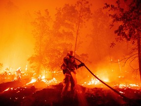 A firefighter douses flames as they push towards homes during the Creek fire in the Cascadel Woods area of unincorporated Madera County, California on September 7, 2020.