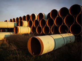 Miles of unused pipe, prepared for the proposed Keystone XL pipeline, sit in a lot on October 14, 2014 outside Gascoyne, North Dakota.