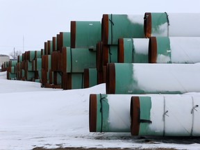 Pipe stored at a depot in North Dakota for the Keystone XL pipeline.