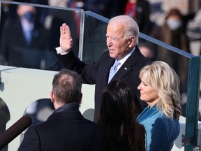 Joe Biden is sworn in as U.S. President as his wife Dr. Jill Biden looks on during his inauguration on the West Front of the U.S. Capitol on January 20, 2021 in Washington, D.C.