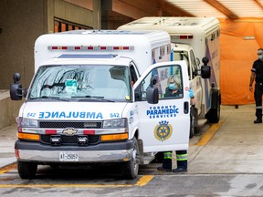 An ambulance parked outside of Mount Sinai Hospital in Toronto.
