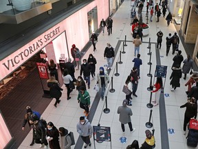 Shoppers at Toronto’s Eaton Centre in November. Clothing stores suffered double-digit sales declines in November compared to the previous year.