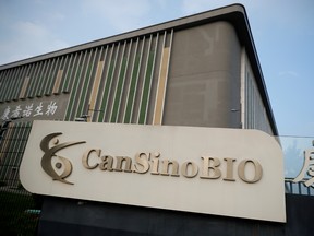 A logo of China's vaccine specialist CanSino Biologics Inc. is pictured in Tianjin, China.
