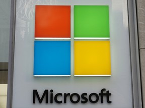 Microsoft logo is pictured on a store in the Manhattan borough of New York City, New York, U.S., January 25, 2021.