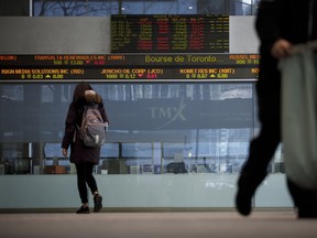 A Toronto Stock Exchange ticker in Toronto's financial district.
