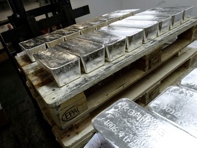 Bars of silver are placed on wooden pallets at the KGHM copper and precious metals smelter processing plant in Poland.