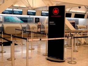 View of the empty counter of Air Canada at the International Aiport in Mexico City after the Canadian government banned flights to and from Mexico and the Caribbean to avoid further contagion from COVID-19.