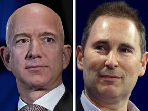 Amazon.com Inc founder Jeff Bezos, left, is stepping down as chief executive. He will be replaced by Andy Jassy, right, the current head of Amazon's cloud computing division.
