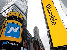 Displays outside the Nasdaq MarketSite as dating app operator Bumble Inc. (BMBL) made its debut on the Nasdaq stock exchange during the company's IPO in New York City on Thursday.