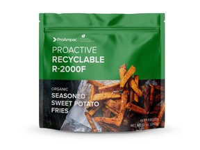 Recyclable High-Speed Frozen-Food Package: ProAmpac introduces ProActive Recyclable R-2000F material in pre-made pouches or film for high-speed form/fill/seal lines, offering excellent cold-temperature performance and outstanding display characteristics in the freezer case.