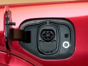 The charging socket on Ford Motor Co's electric Mustang Mach-E vehicle.