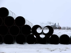 Pipes stored for Transcanada Corp's planned Keystone XL oil pipeline which U.S. President Joe Biden has vetoed.