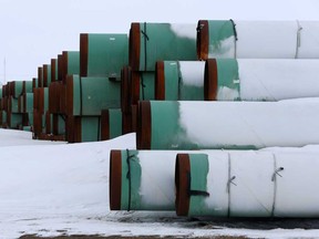 Pipes stored for construction of the Transcanada Corp's planned Keystone XL oil pipeline that has now been canceled.