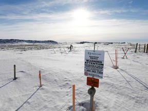 The route of the Keystone XL crude oil pipeline lies idle through a farmer's field near Oyen, Alberta.