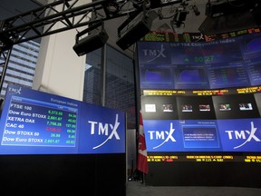 TMX Group Inc. signage and stock prices are displayed on a screen in the broadcast center of the Toronto Stock Exchange (TSX) in Toronto.