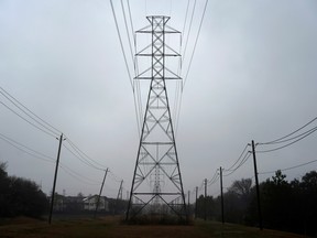 Power lines are seen after winter weather caused electricity blackouts in Houston, Texas.