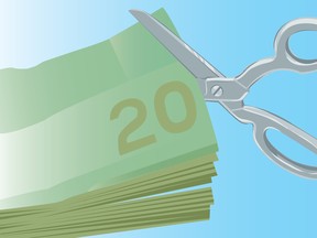 An illustration of a pair of scissors cutting the corner off a stack of green $20 bills.
