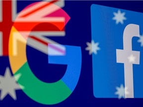 Google and Facebook logos displayed on top of an Australian flag.