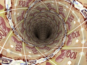 Canadian $110 bills spiralling into a black hole.