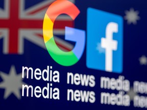 The Google and Facebook logos, the words "media, news, media" and the Australian flag are displayed in this illustration photo.