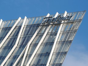 A Telefonica logo is seen on a Telefonica office building in Barcelona, Spain.