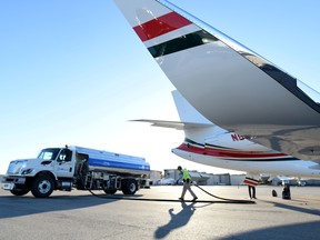 A business jet is refuelled t the Henderson Executive Airport during the National Business Aviation Association (NBAA) exhibition in Las Vegas, in 2019.
