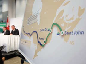 A map of the route of the proposed Energy East pipeline at a news conference in 2013.