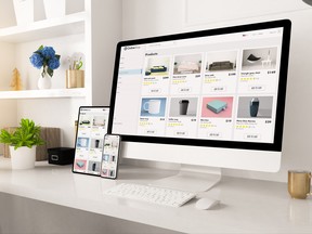 online shop website on home office setup 3d rendering