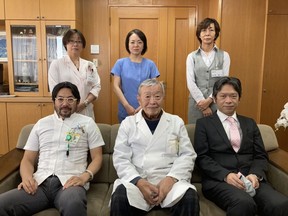 Edogawa Hospital team that accomplished a novel feat of regenerating osteoarthritis affected knee cartilage tissue through tissue engineering into clinically transplant-worthy chondrocytes enriched with hyaluronic acid, expressing chondroprogenitors; Sitting L>R: Dr. Shojiro Katoh (President), Dr. Masahiro Katoh (Chairman), Mr. Ryuzaburo Katoh (Director); Standing L>R; Other members of the team: Ms. Takako Fujisaki, Ms. Ayumi Mitsuhashi & Ms. Junko Tomioka.