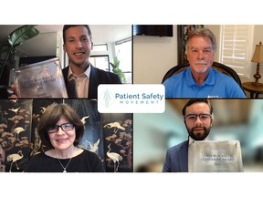 Patient Safety Movement Foundation CEO David B. Mayer (top right) and Helen Haskell (bottom left) present Nicholas Stark (top left) and Oscar San Roman Orozco (bottom right) with the inaugural Lewis Blackman Leadership Award.