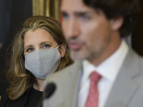 Prime Minister Justin Trudeau with his Finance Minister Chrystia Freeland. The governing Liberals earned 33 per cent support in a Nanos Research Group survey for Bloomberg News asking Canadians which party is best suited to manage the public purse.