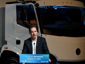 Marc Bédard, president and founder of The Lion Electric Co, speaks during a news conference at Palais des Congres in Montreal on Monday.