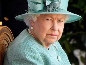 Britain's Queen Elizabeth attends a ceremony to mark her official birthday at Windsor Castle in Windsor, Britain, June 13, 2020.