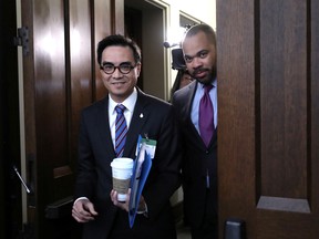 Facebook Canada's global director and head of public policy Kevin Chan and Facebook public policy director Neil Potts arrive to testify at the International Grand Committee on Big Data, Privacy and Democracy meeting on Parliament Hill in Ottawa, May 28, 2019.