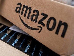 Amazon boxes are seen stacked for delivery in the Manhattan borough of New York City.