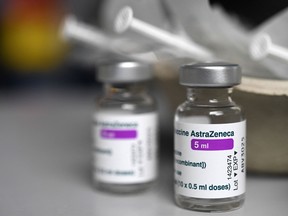 Empty vials of the AstraZeneca COVID-19 vaccine at a vaccination centre in France.