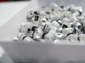 Vials of the Pfizer Covid-19 vaccine at a West Virginia United Health System vaccine clinic in Morgantown, West Virginia, U.S., on Friday, March 5, 2021.