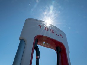 A Tesla Supercharger station in Petaluma, California.