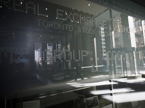 Signage for the Toronto Stock Exchange (TSX) is seen in the financial district of Toront0