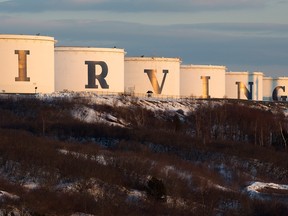 Storage containers at the Irving Oil refinery are seen in Saint John, New Brunswick.