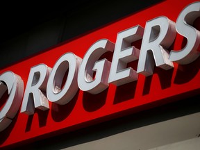 A sign is pictured outside a Rogers Communications retail store in Ottawa.