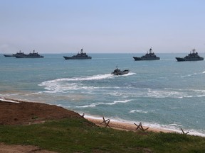 Russian naval forces take part in a military drill along the Opuk training ground not far from the town of Kerch, on the Kerch Peninsula in the east of the Crimea, on April 22.