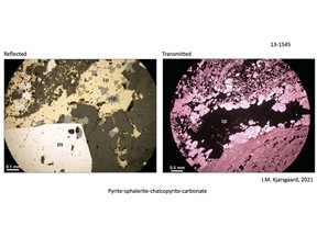 Figure 1: Kay Mine mineralization displayed in polished thin section. Copper is hosted primarily in chalcopyrite (cp), and zinc in sphalerite (sp).