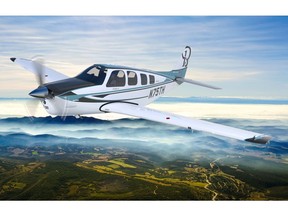 The special edition 75th anniversary option for the Beechcraft Bonanza G36 single-engine piston aircraft is distinguished by its custom interior and paint scheme inspired by Olive Ann Beech's signature blue color.