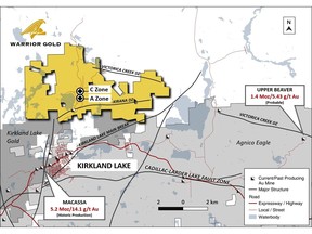 Figure 1. Goodfish-Kirana Property Location Map, North of Kirkland Lake, Ontario. References: Upper Beaver probable resource numbers referenced from Agnico Eagles Mines Ltd., 2021 Annual Information Form, page 73 and Macassa historic production referenced from "Macassa Property, Ontario, Canada, Updated NI 43-101 Technical Report" dated July 19, 2019, page 16/17.