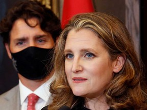 Finance Minister Chrystia Freeland, seen here with Prime Minister Justin Trudeau, will present the federal budget at 4 p.m. today.